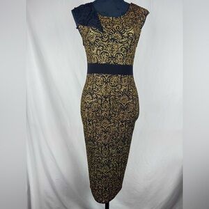 Beware! Metallic Gold & Black Lace Sleeveless Evening Dress